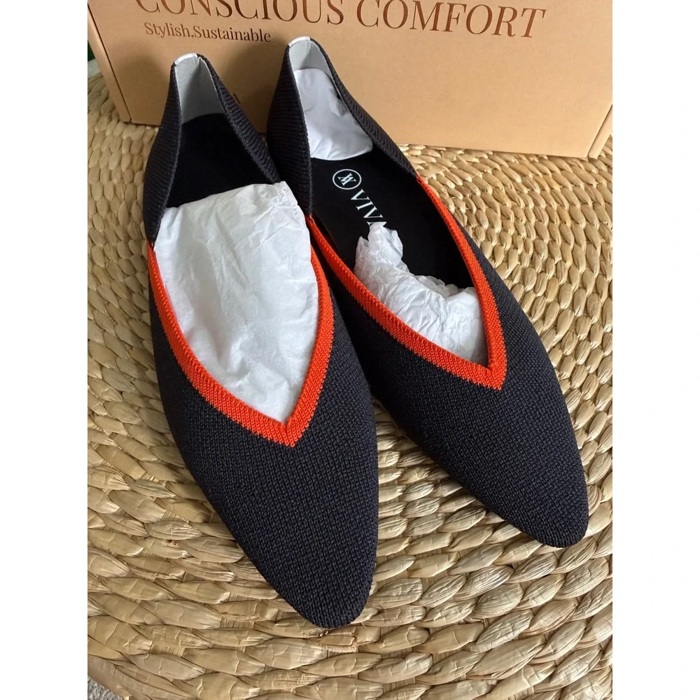 VIVAIA Chic Black Knit Pointed Flats with Bold Orange V-Cut Trim EU/35.5‎ US/5.5